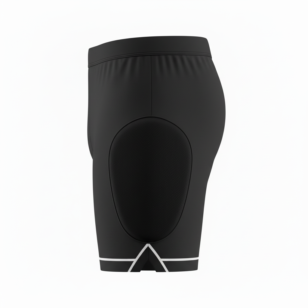 Side view of custom softball sliding shorts showing the mid-thigh length and sewn-in hip pad panel