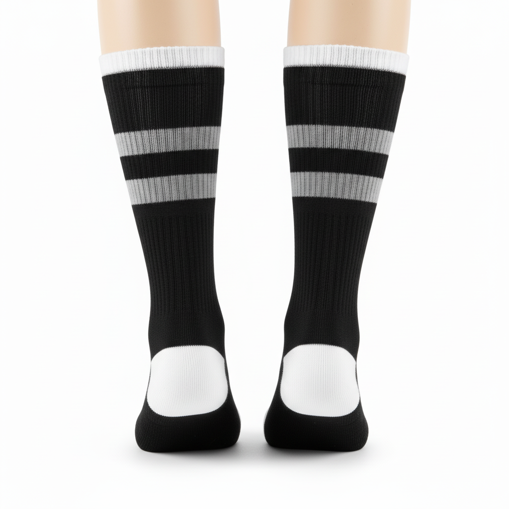 Back view of custom softball stirrup socks showing the footless loop and under-foot strap