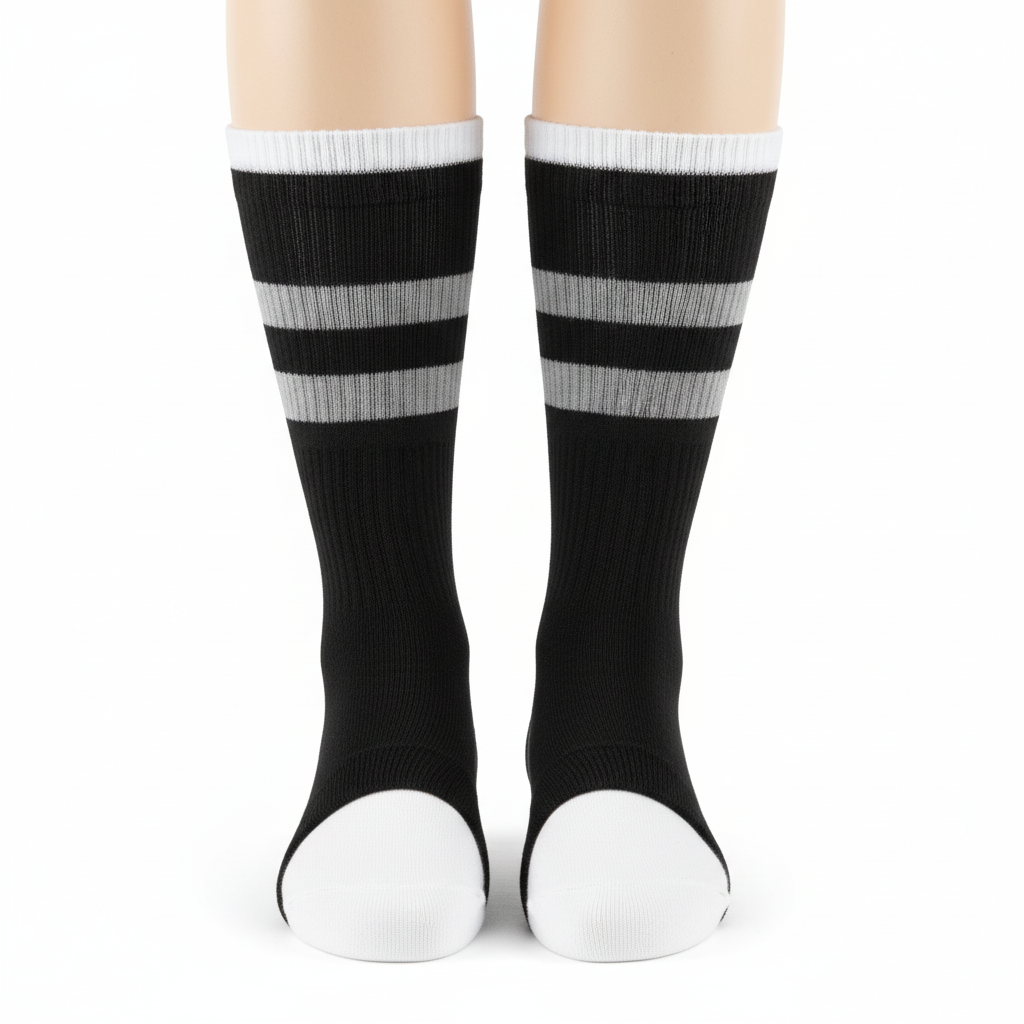 Front view of custom softball stirrup socks in polyester-nylon-spandex knit with yarn-dyed team color band worn over a white sanitary sock from Empire Five Athletics