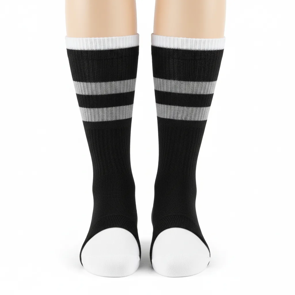 Front view of custom softball stirrup socks in polyester-nylon-spandex knit with yarn-dyed team color band worn over a white sanitary sock from Empire Five Athletics