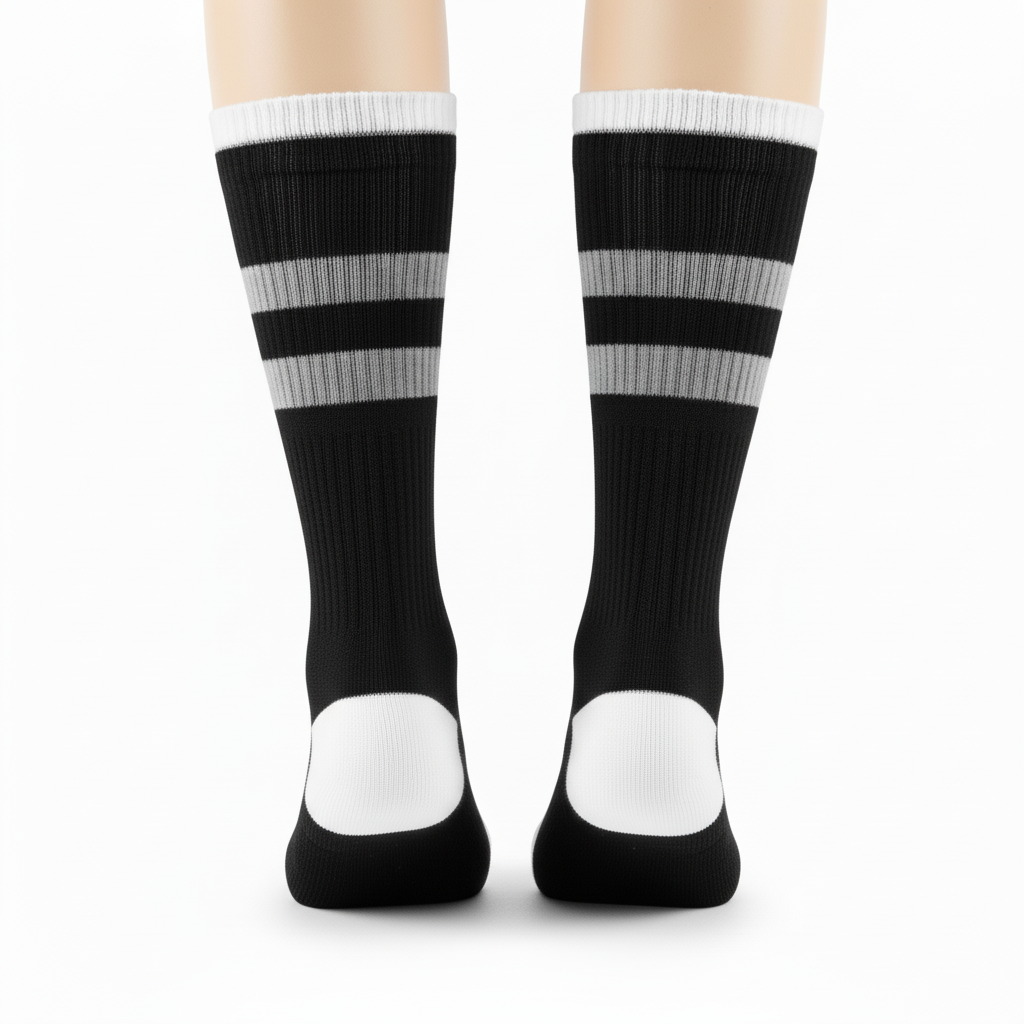 Side view of custom softball stirrup socks showing the throwback band and stirrup gap over the sanitary sock