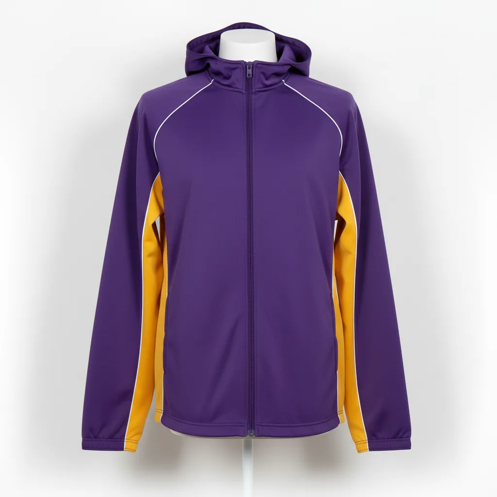 Front view of custom softball windbreaker in ultralight woven polyester with full-zip front, packable hood, and sublimated team colorway from Empire Five Athletics