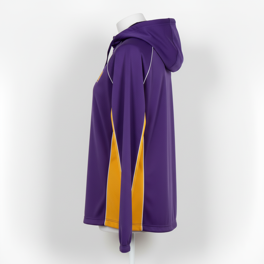 Side view of custom softball windbreaker showing the hip-length cut, full-zip front, and packable hood