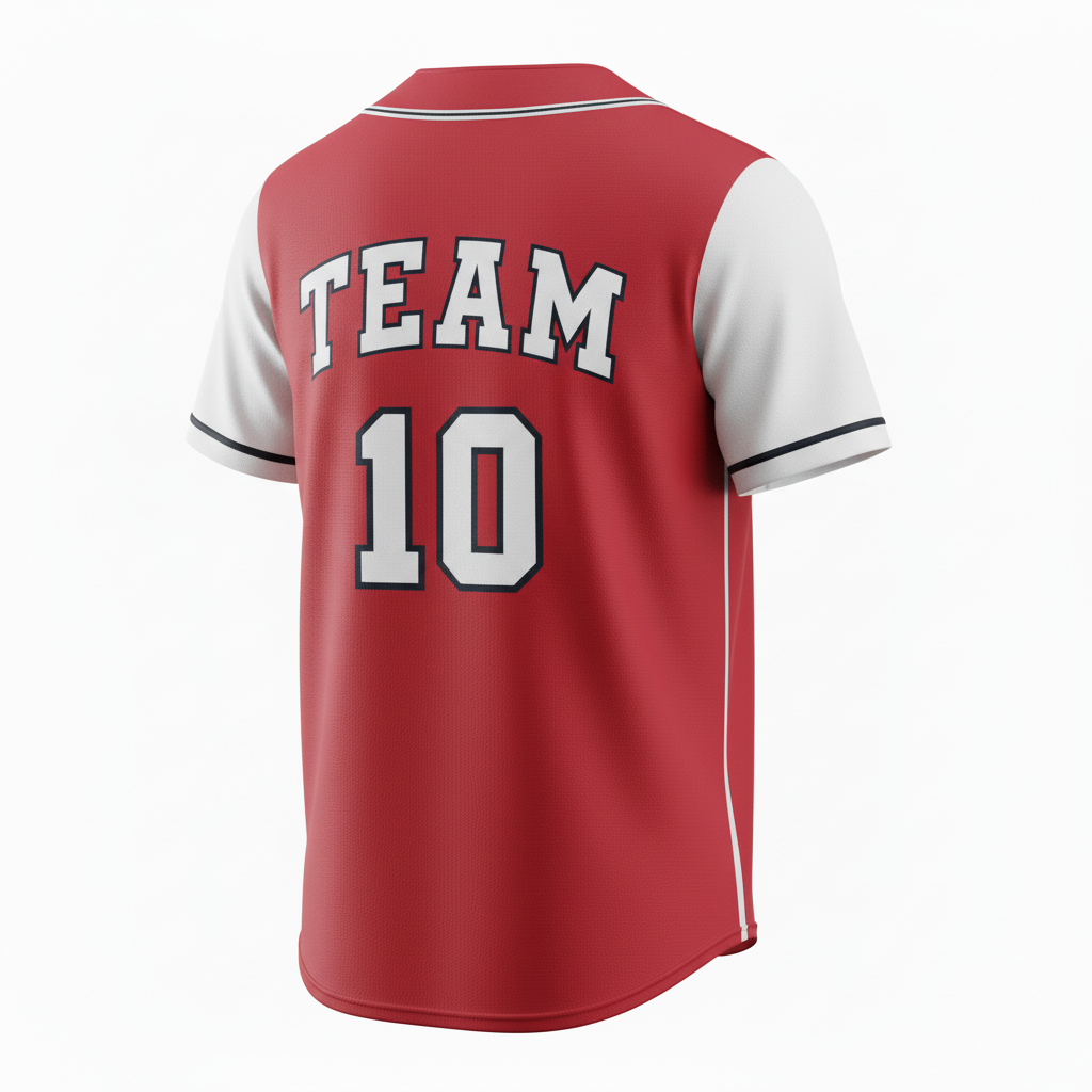 Back view of custom two-button softball jersey showing the player name arched above a large back number