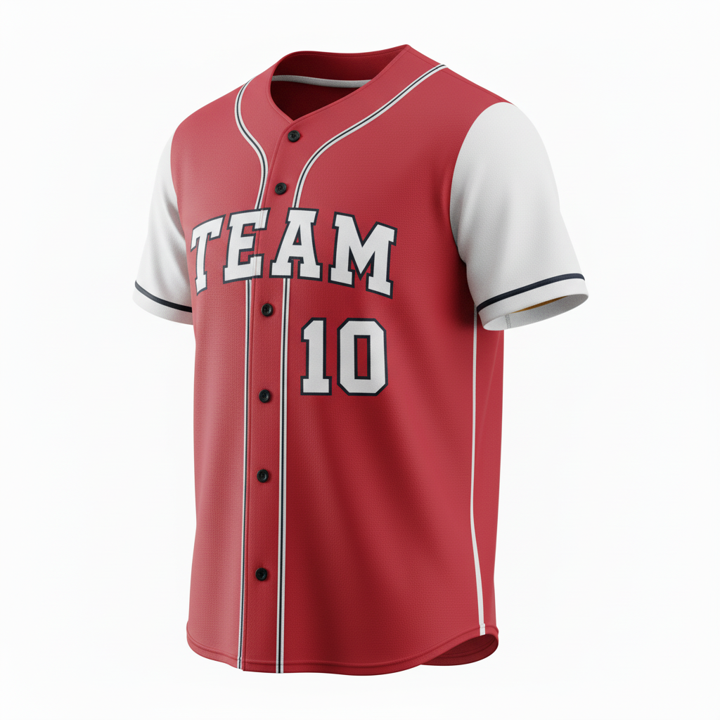 Front view of custom two-button softball jersey, a pullover cut with a short two-button neck placket in 200 GSM polyester double-knit from Empire Five Athletics