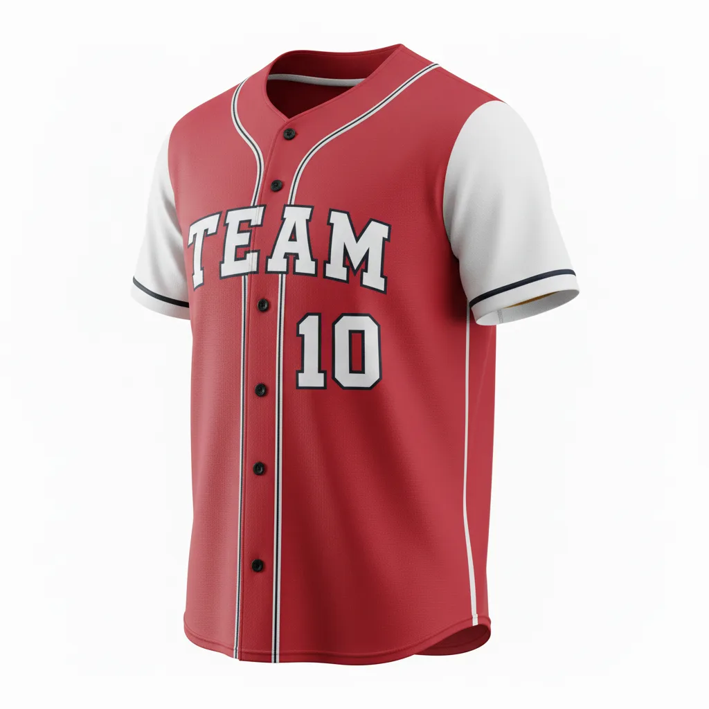 Front view of custom two-button softball jersey, a pullover cut with a short two-button neck placket in 200 GSM polyester double-knit from Empire Five Athletics