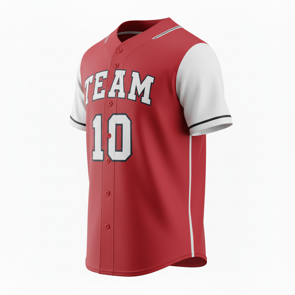 Side view of custom two-button softball jersey showing the set-in sleeve and double-knit body