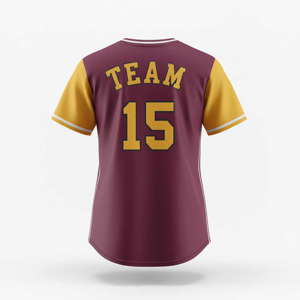 Back view of custom v-neck softball jersey showing the player name arched above a large back number