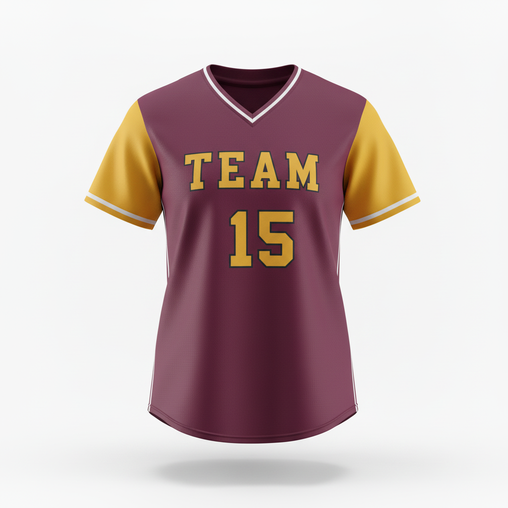Front view of custom v-neck softball jersey, a pullover cut with a modern V-neckline in 200 GSM polyester double-knit from Empire Five Athletics