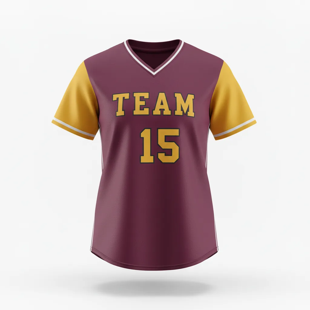 Front view of custom v-neck softball jersey, a pullover cut with a modern V-neckline in 200 GSM polyester double-knit from Empire Five Athletics