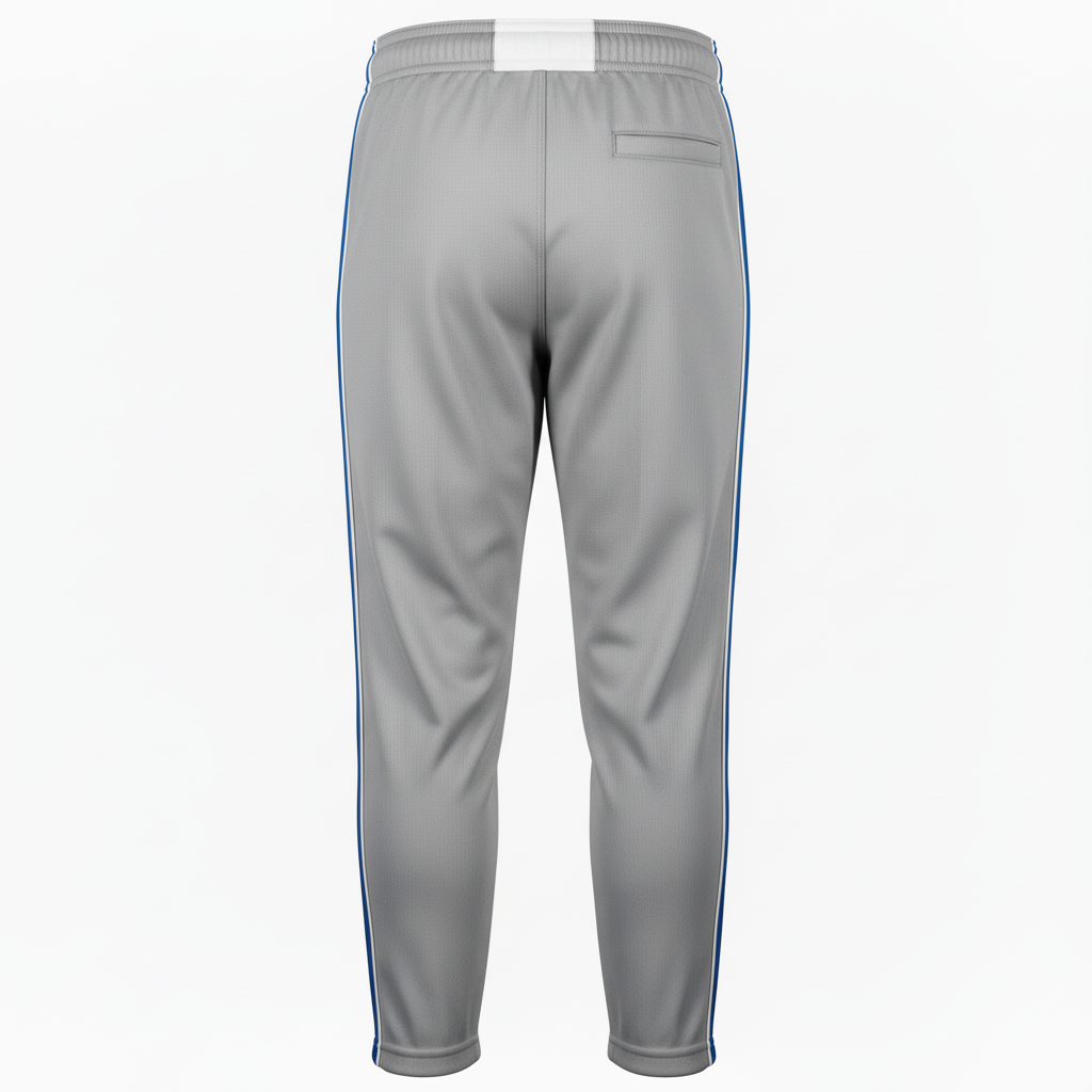 Back view of custom youth piped softball pants showing the belt-loop waistband and contrast side piping