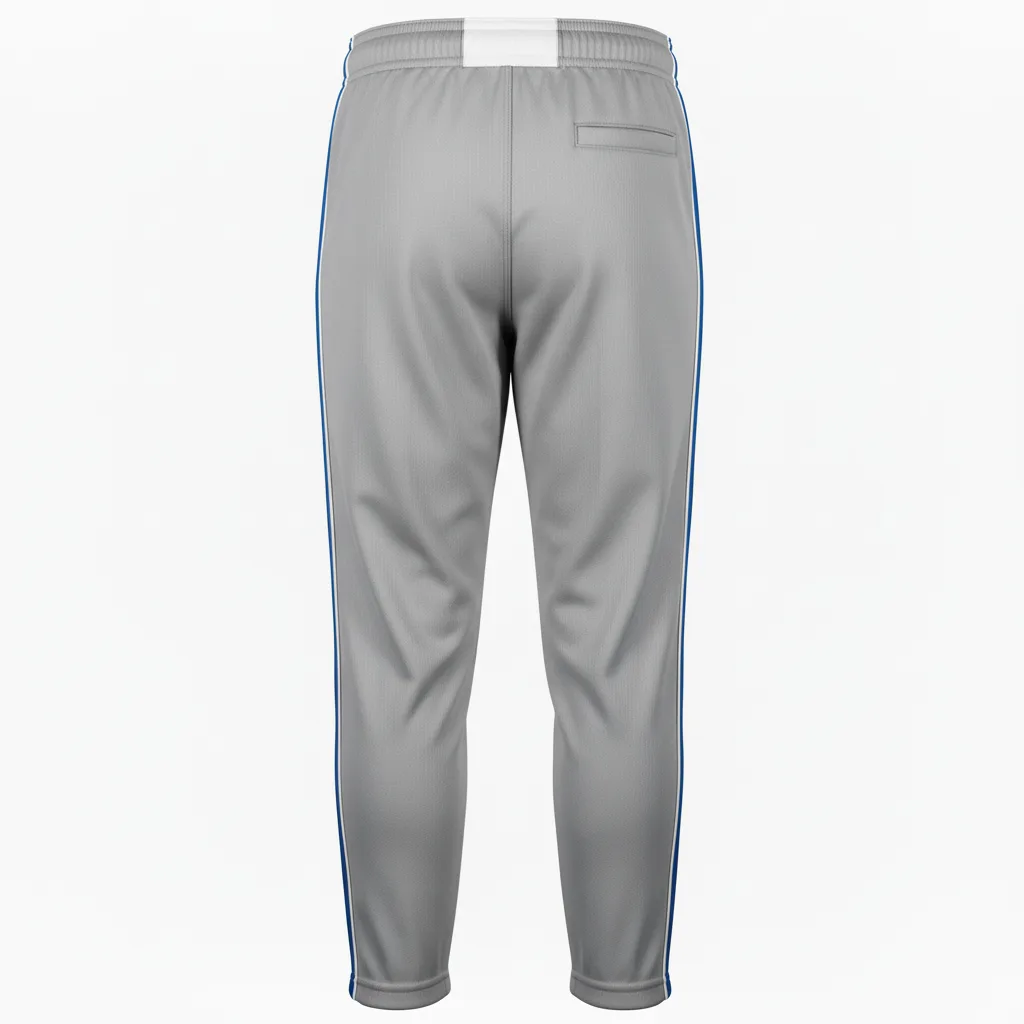 Back view of custom youth piped softball pants showing the belt-loop waistband and contrast side piping