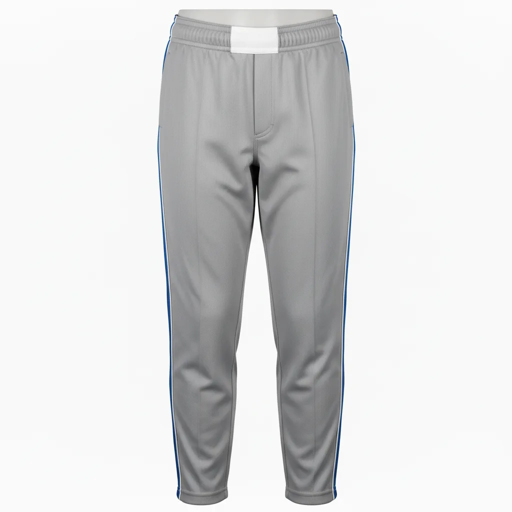 Front view of custom youth piped softball pants in 240 GSM polyester double-knit with contrast piping down each leg from Empire Five Athletics