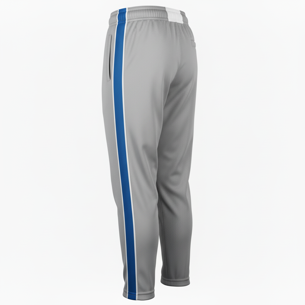 Side view of custom youth piped softball pants showing the full-length contrast piping down the outer leg seam