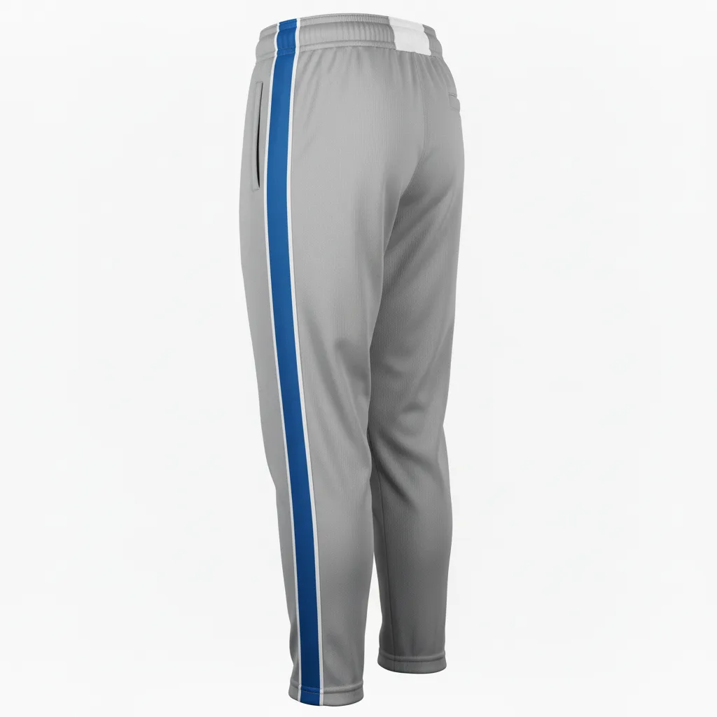 Side view of custom youth piped softball pants showing the full-length contrast piping down the outer leg seam