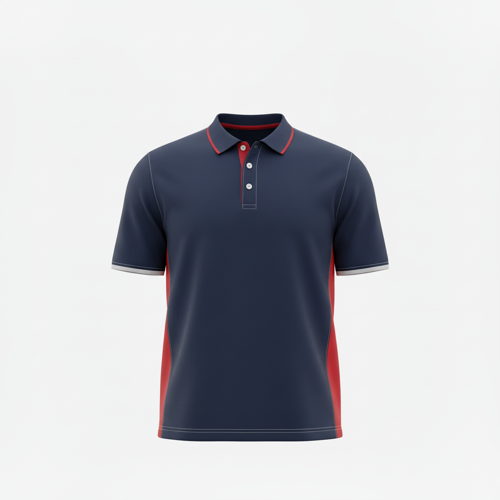 Front view of custom track coaches polo in 180 GSM performance piqué with a three-button placket and embroidered team crest from Empire Five Athletics