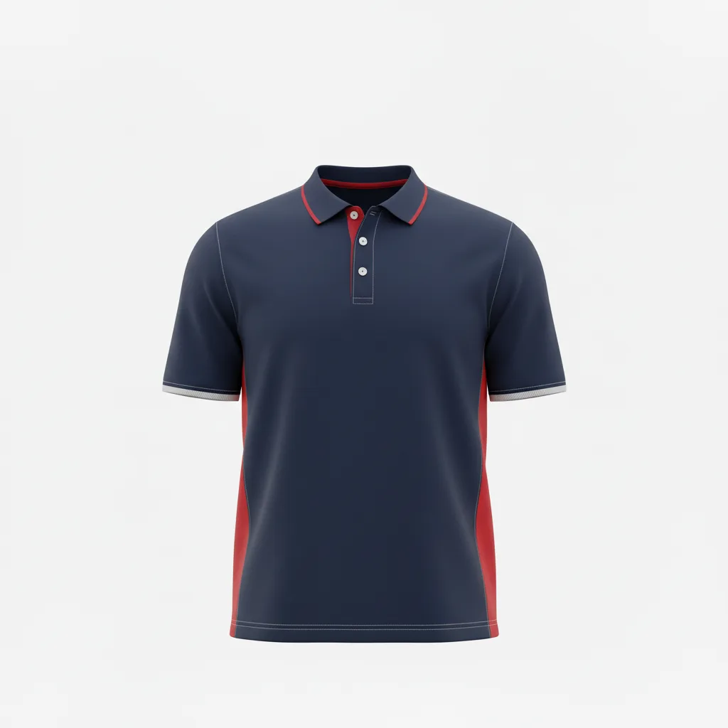Front view of custom track coaches polo in 180 GSM performance piqué with a three-button placket and embroidered team crest from Empire Five Athletics