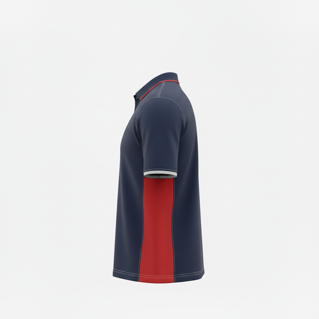 Side view of custom track coaches polo showing the side vent and sublimated panel