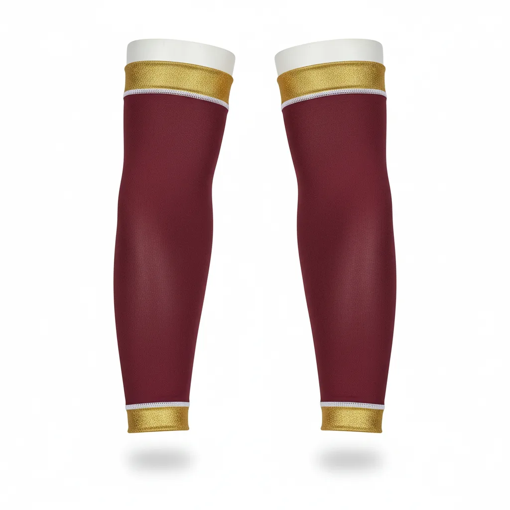 Front view of custom compression arm sleeves in 4-way-stretch poly-spandex with sublimated team colors and a gripper band from Empire Five Athletics