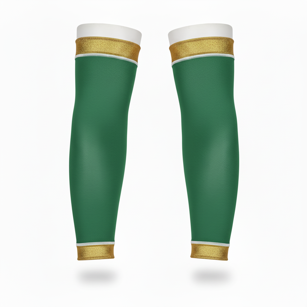 Front view of custom compression calf sleeves in 4-way-stretch poly-spandex with sublimated team colors and gripper bands from Empire Five Athletics