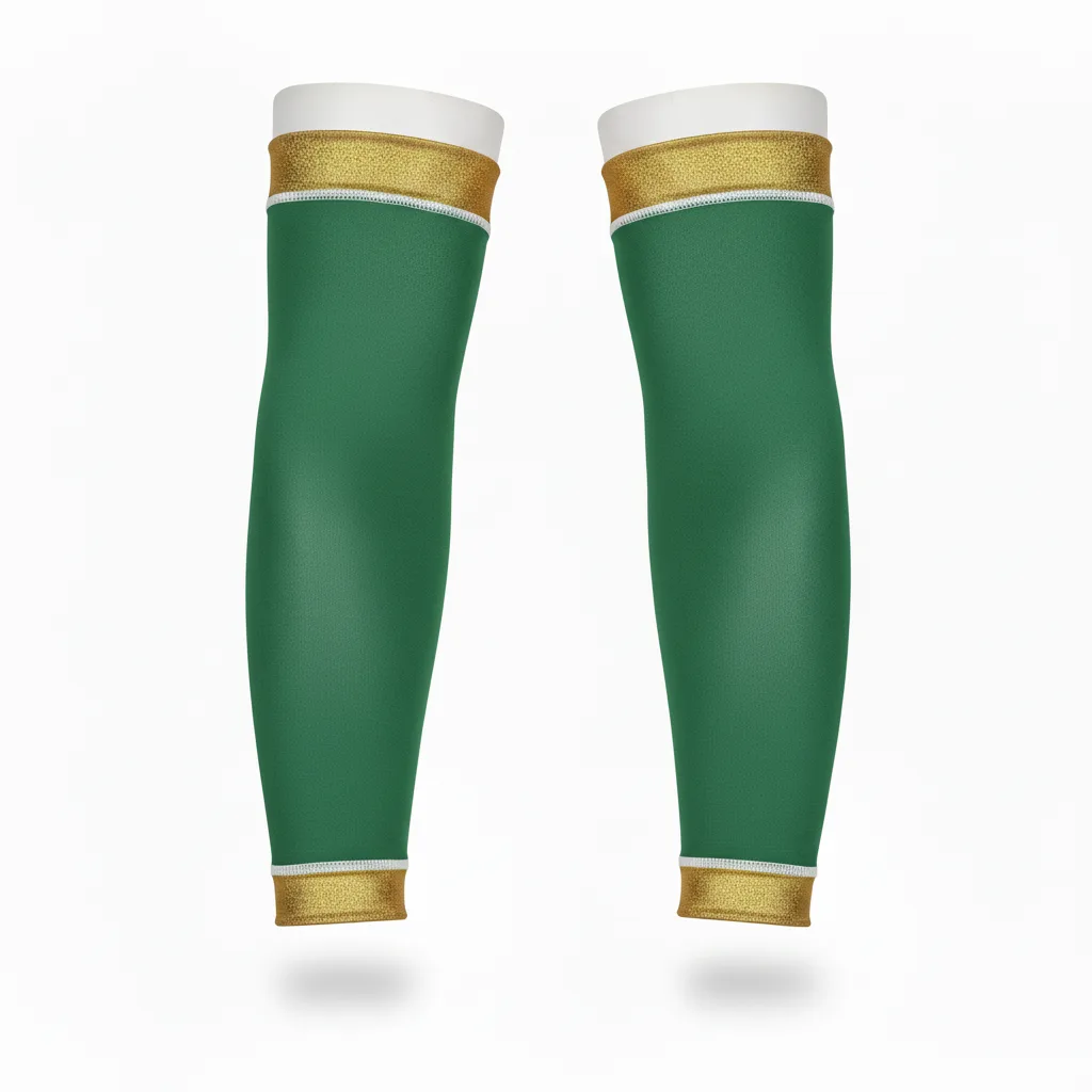 Front view of custom compression calf sleeves in 4-way-stretch poly-spandex with sublimated team colors and gripper bands from Empire Five Athletics