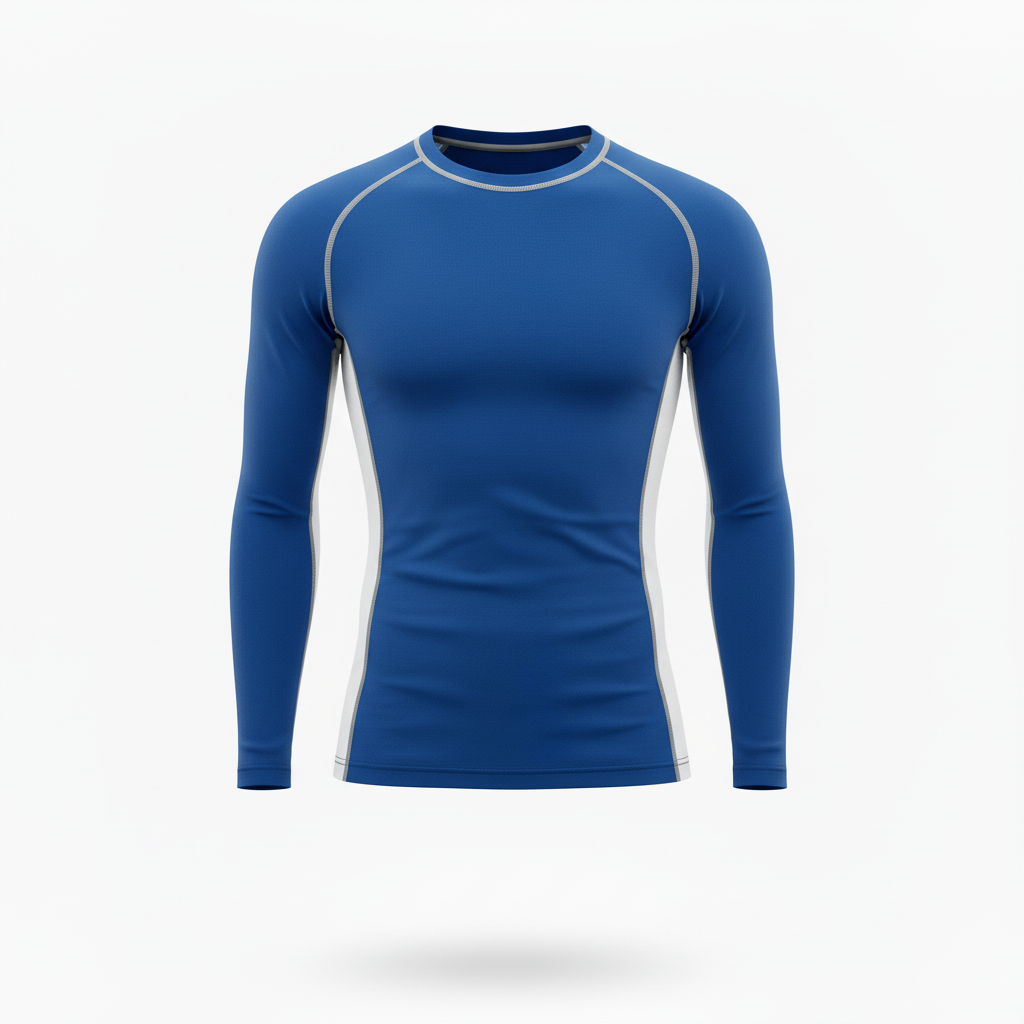Front view of custom long sleeve compression shirt in 4-way-stretch poly-spandex with sublimated team colors from Empire Five Athletics