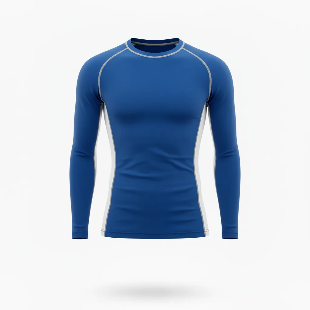 Front view of custom long sleeve compression shirt in 4-way-stretch poly-spandex with sublimated team colors from Empire Five Athletics