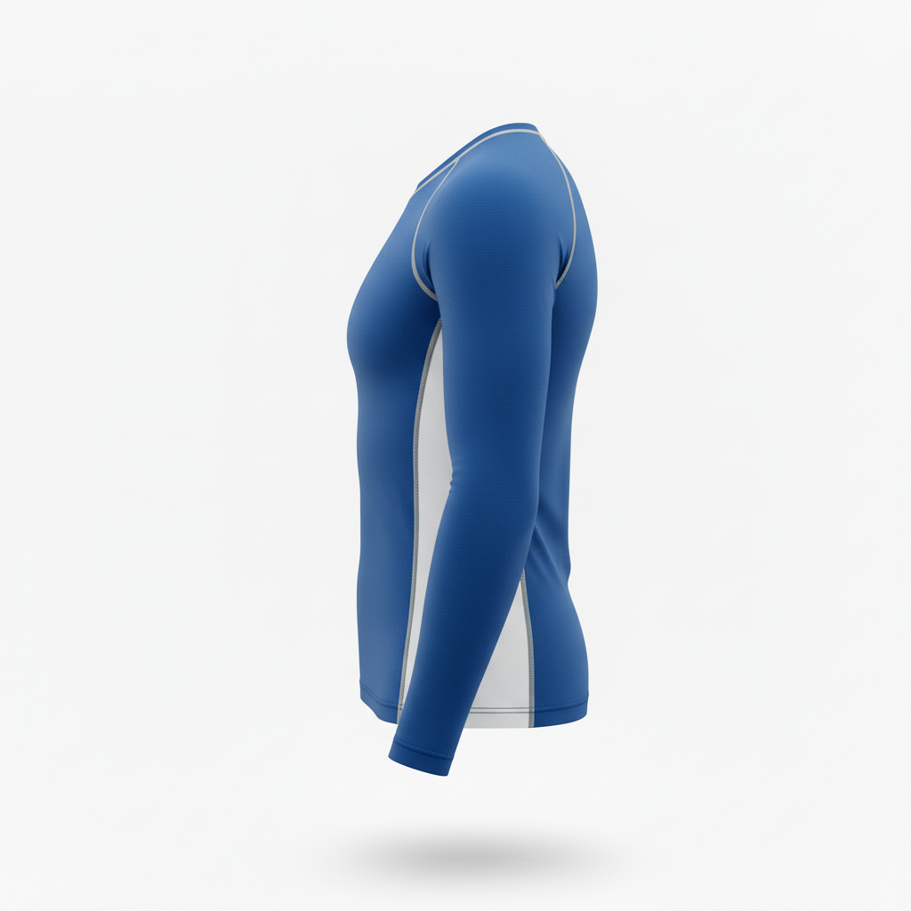 Side view of custom long sleeve compression shirt showing the tight base-layer fit and bonded seam