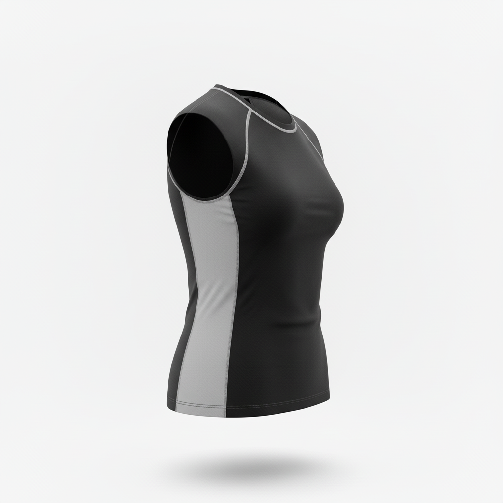 Side view of custom sleeveless compression shirt showing the tight base-layer fit and bonded seam