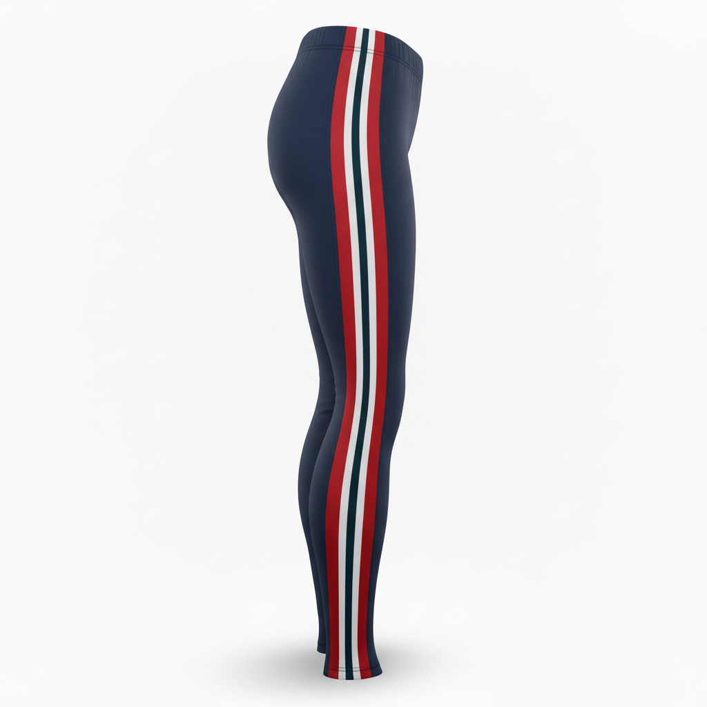 Side view of custom three-quarter compression tights showing the mid-calf length and bonded seam