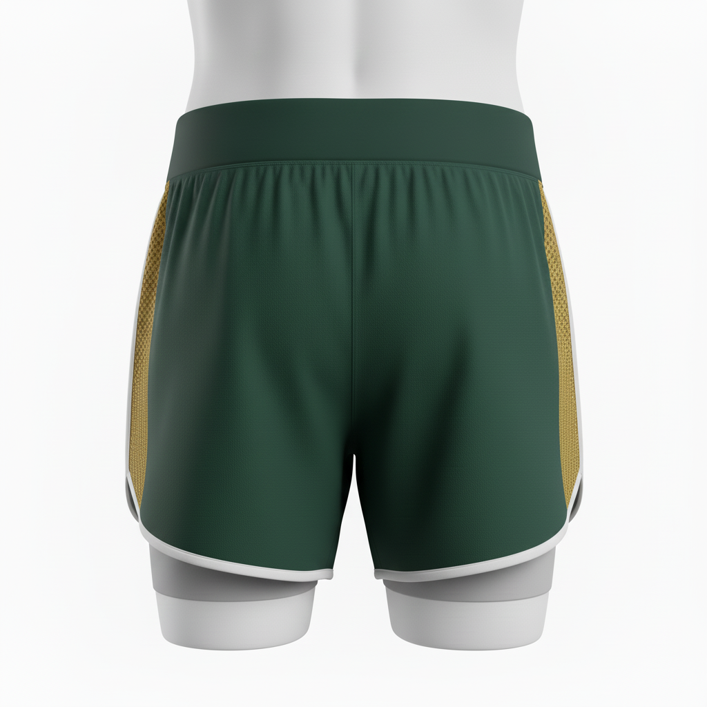 Back view of custom distance running shorts showing the sublimated club name
