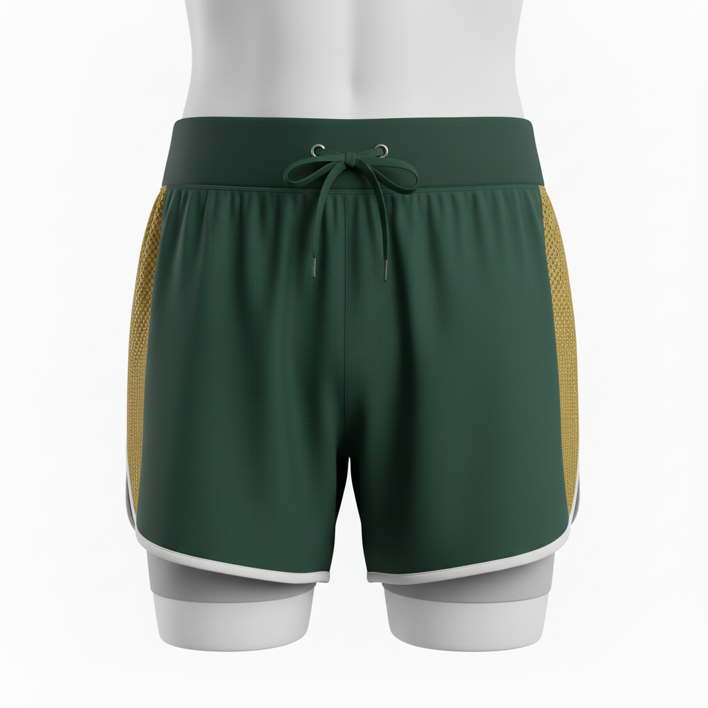Front view of custom distance running shorts in 110 GSM lightweight poly with a v-notch hem and sublimated team colors from Empire Five Athletics