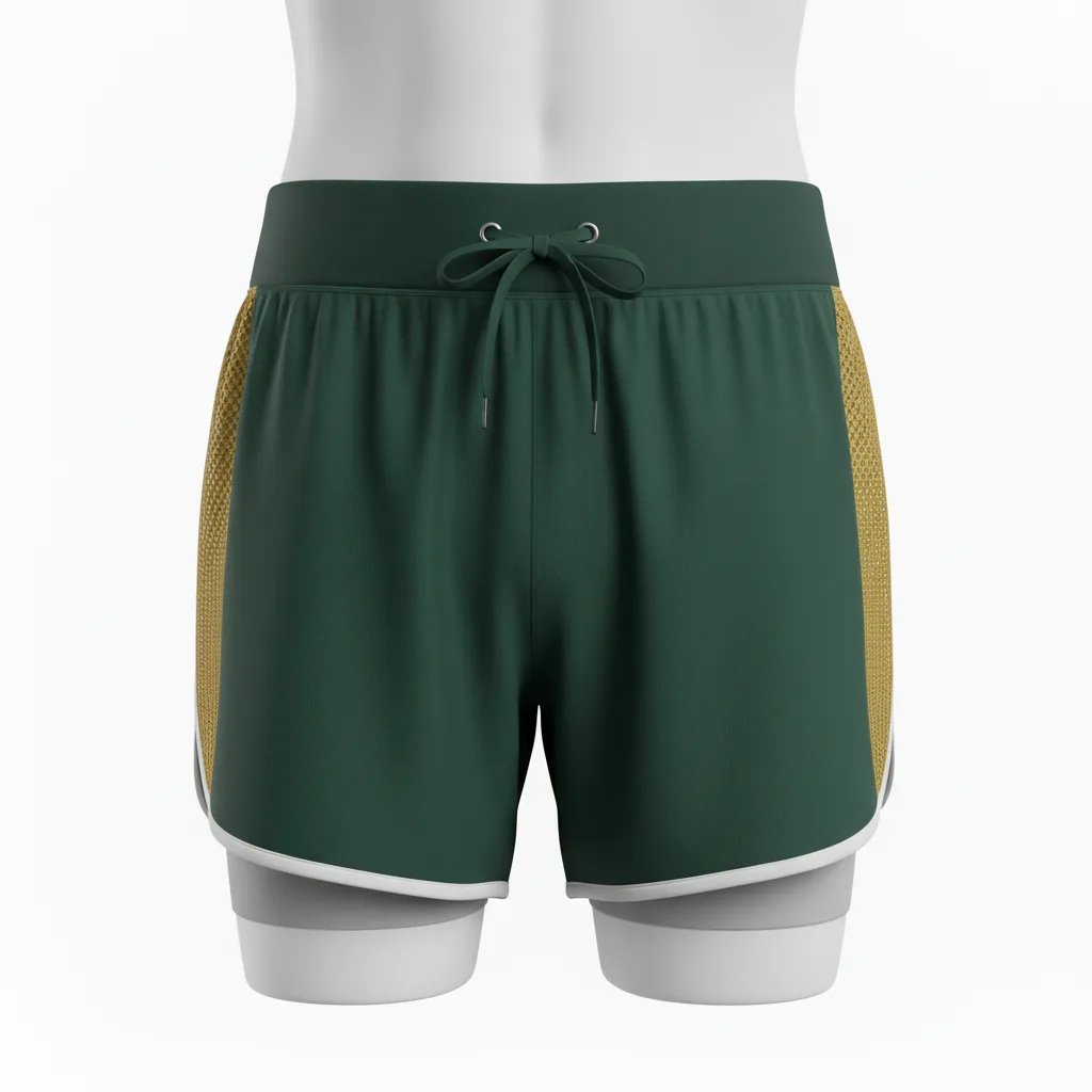 Front view of custom distance running shorts in 110 GSM lightweight poly with a v-notch hem and sublimated team colors from Empire Five Athletics