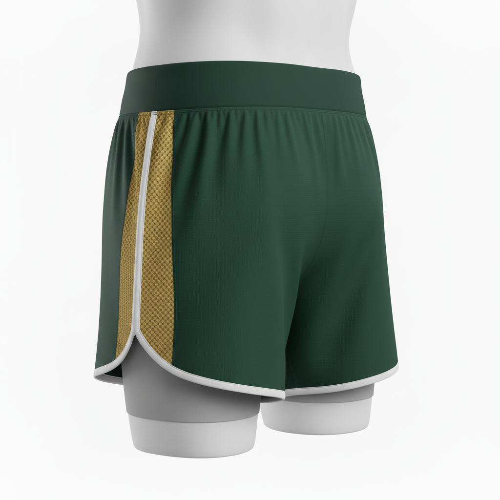 Side view of custom distance running shorts showing the v-notch hem and brief liner