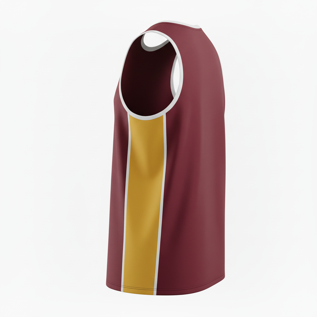Side view of custom distance running singlet showing the loose distance cut