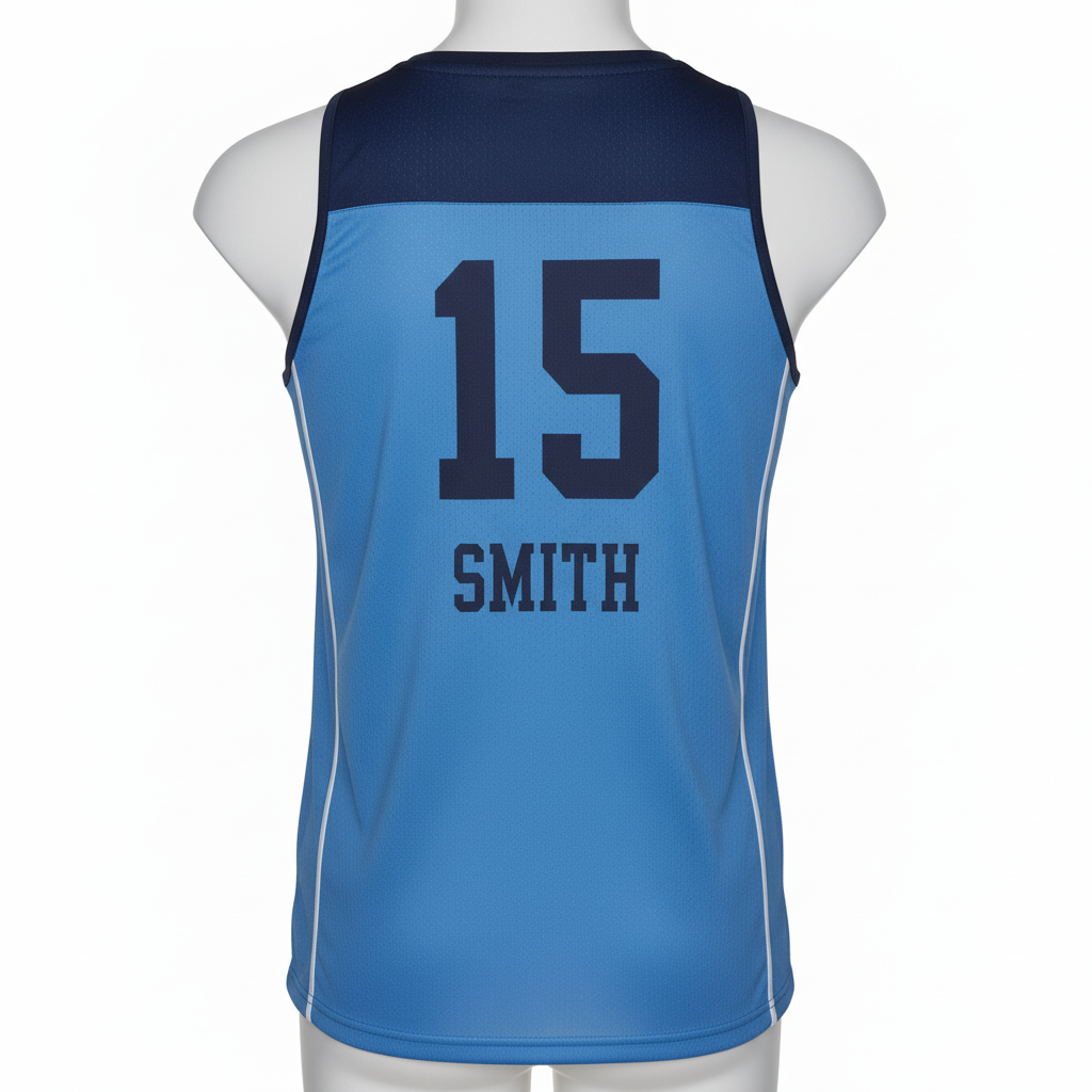 Back view of custom field event jersey showing the athlete name and extended coverage