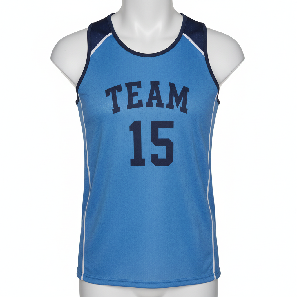 Front view of custom field event jersey in 160 GSM performance poly with cap sleeves and sublimated team colors from Empire Five Athletics