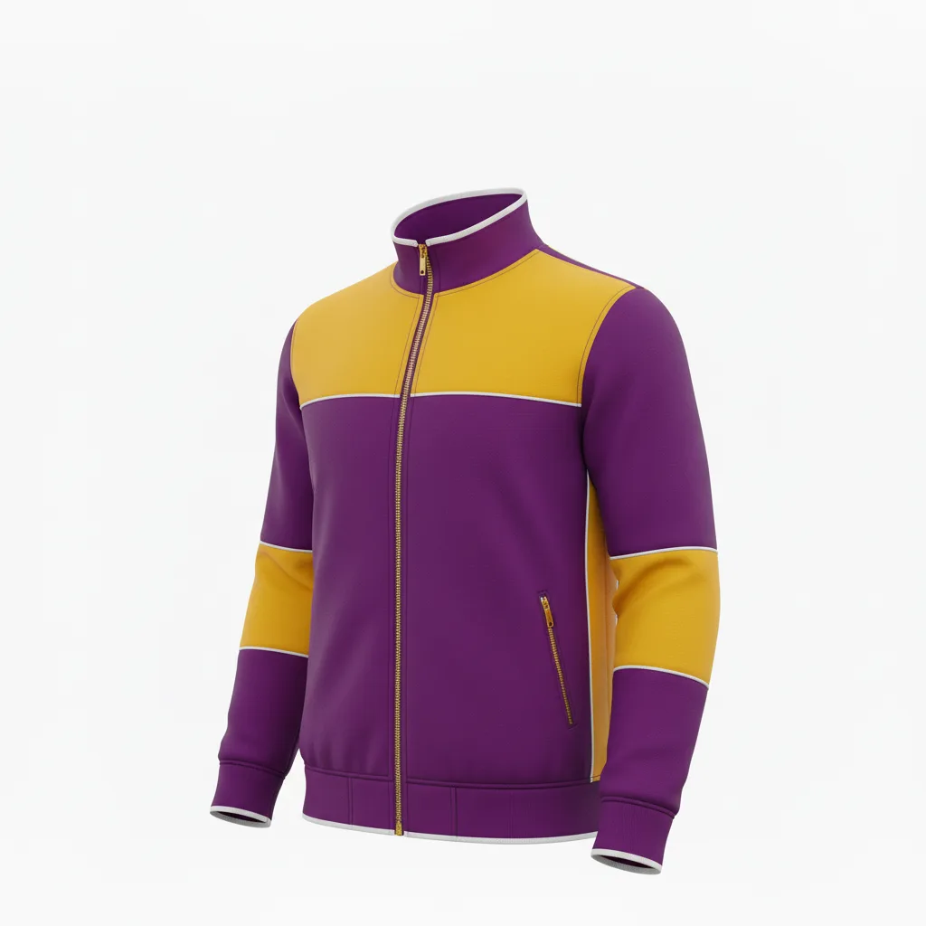 Front view of custom track fleece jacket in 300 GSM polyester micro-fleece with a full zip and embroidered team logo from Empire Five Athletics