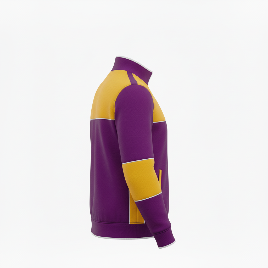 Side view of custom track fleece jacket showing the zip pocket and stand collar