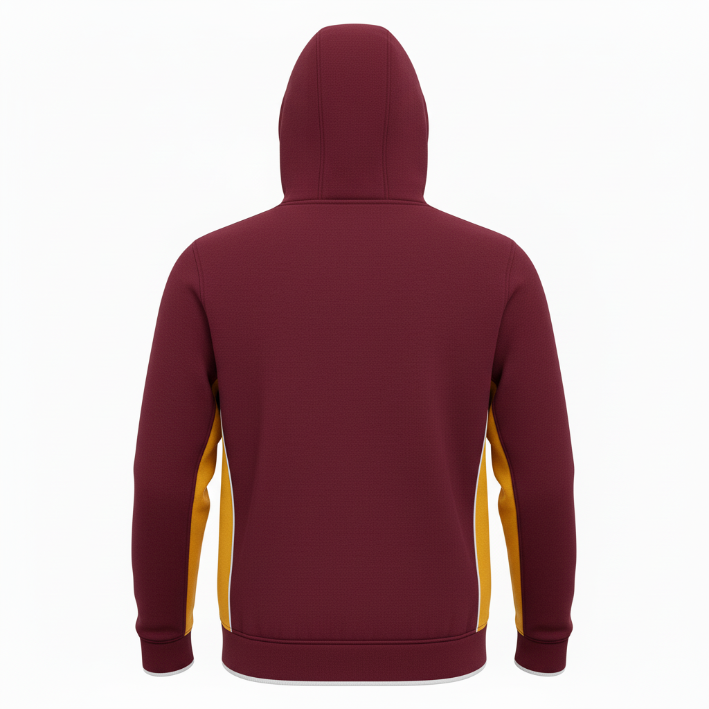 Back view of custom track hooded sweatshirt showing the printed team name