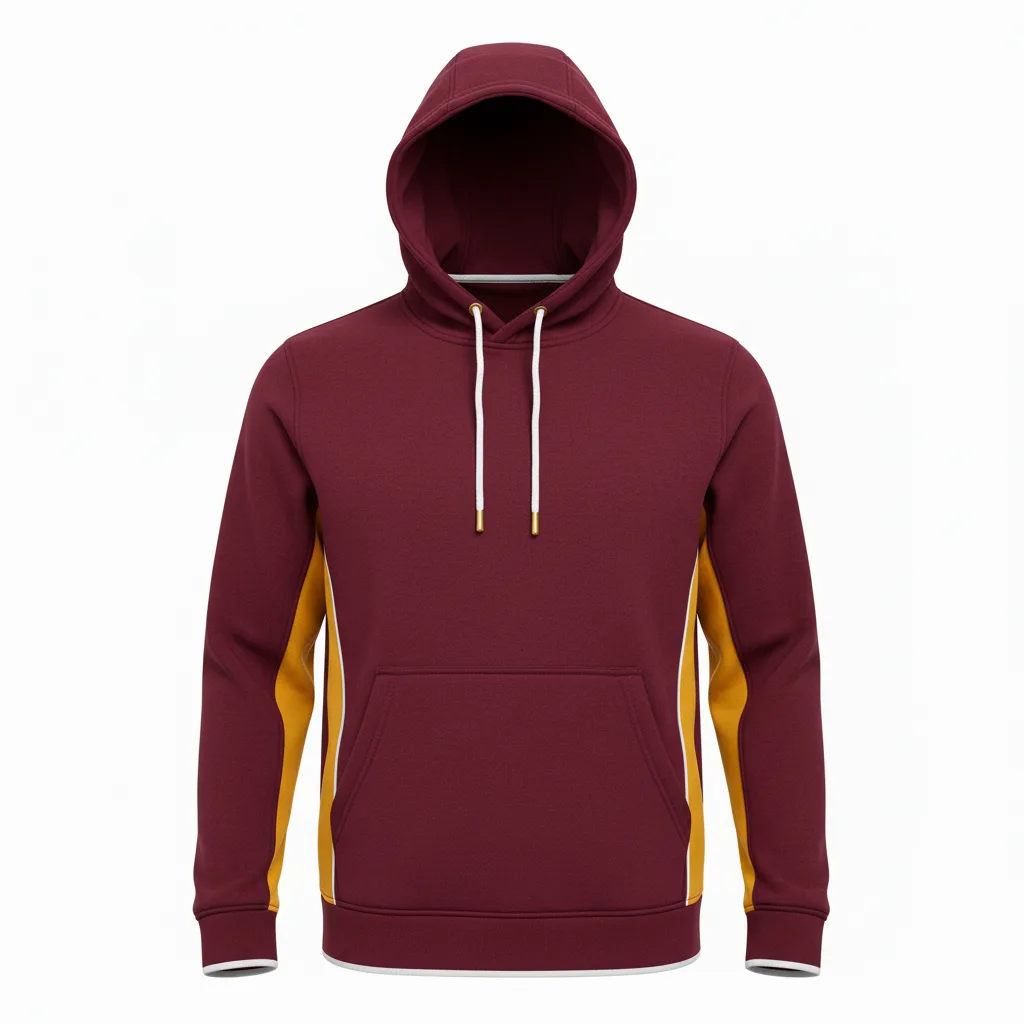 Front view of custom track hooded sweatshirt in 320 GSM cotton-poly fleece with a lined hood and embroidered team logo from Empire Five Athletics