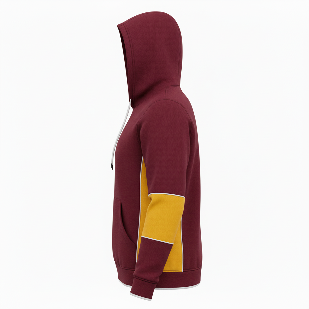 Side view of custom track hooded sweatshirt showing the kangaroo pocket and ribbed cuff