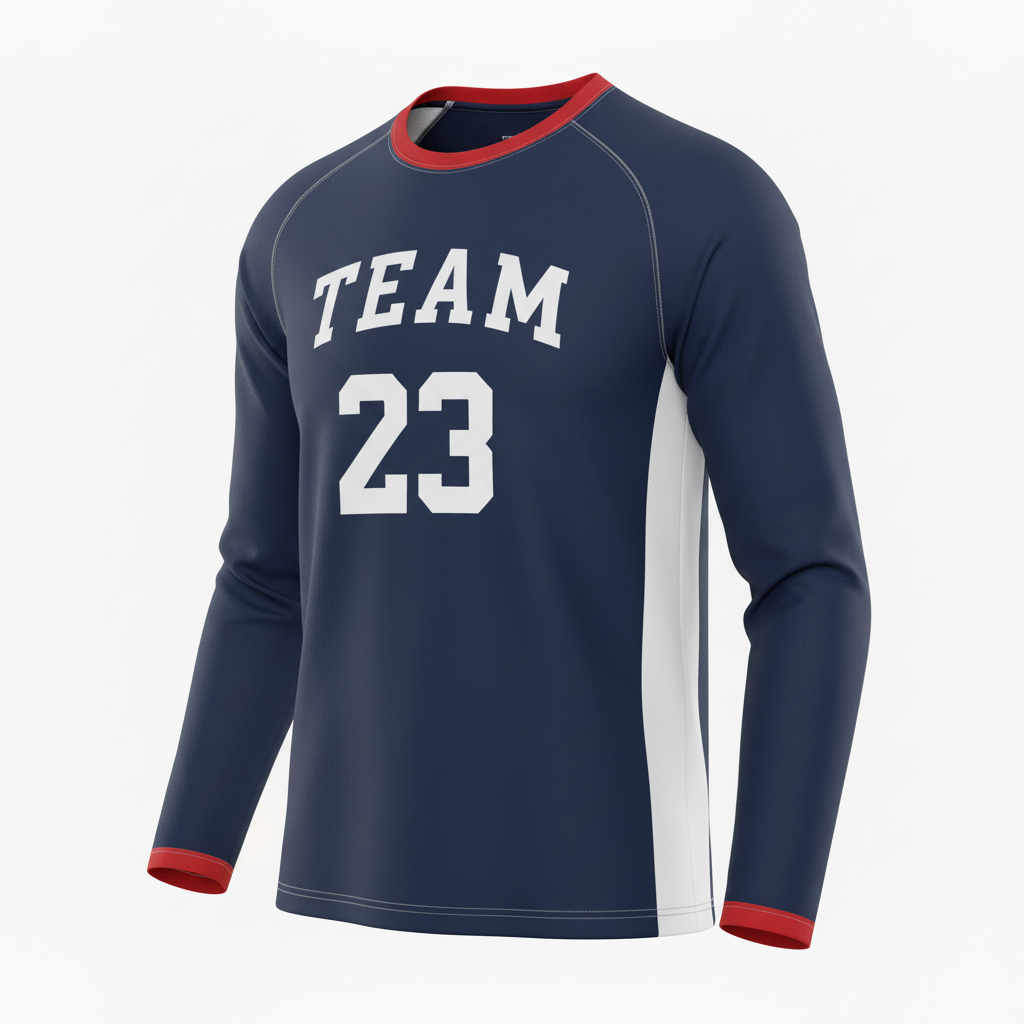 Front view of custom long sleeve running shirt in 160 GSM performance poly with thumbholes and sublimated team colors from Empire Five Athletics