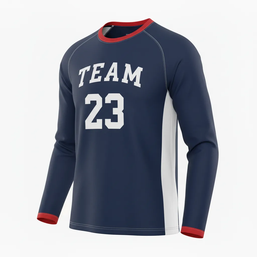 Front view of custom long sleeve running shirt in 160 GSM performance poly with thumbholes and sublimated team colors from Empire Five Athletics