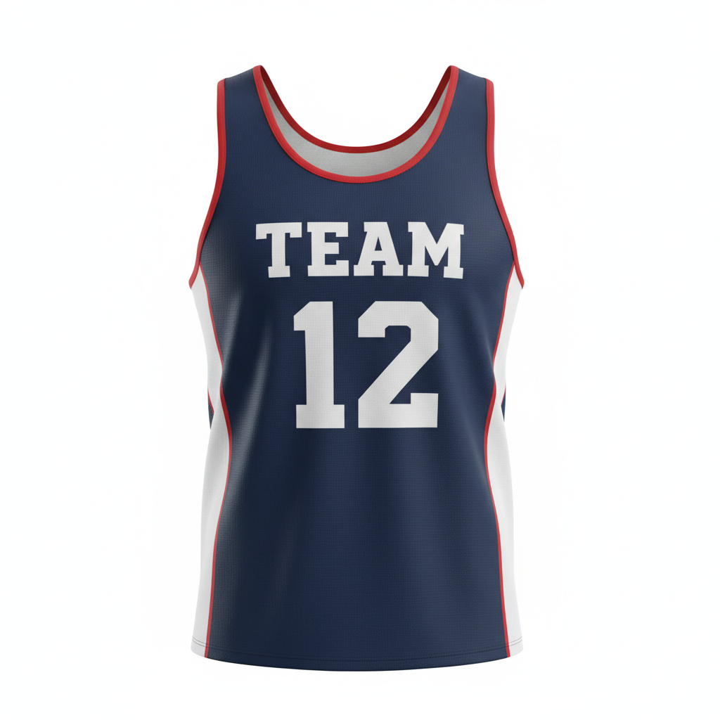 Front view of custom mens racing singlet in 150 GSM featherweight performance poly with full sublimated team colors and mesh side panels from Empire Five Athletics