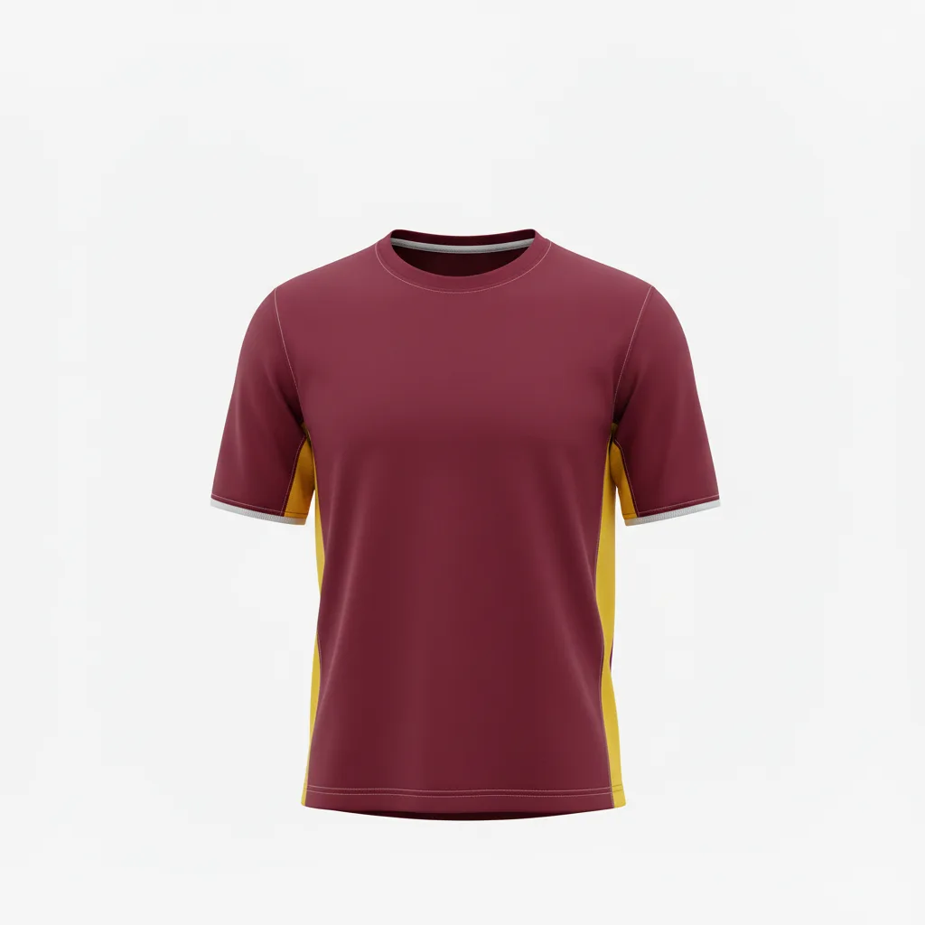 Front view of custom track performance tee in 150 GSM performance poly with a sublimated team crest from Empire Five Athletics
