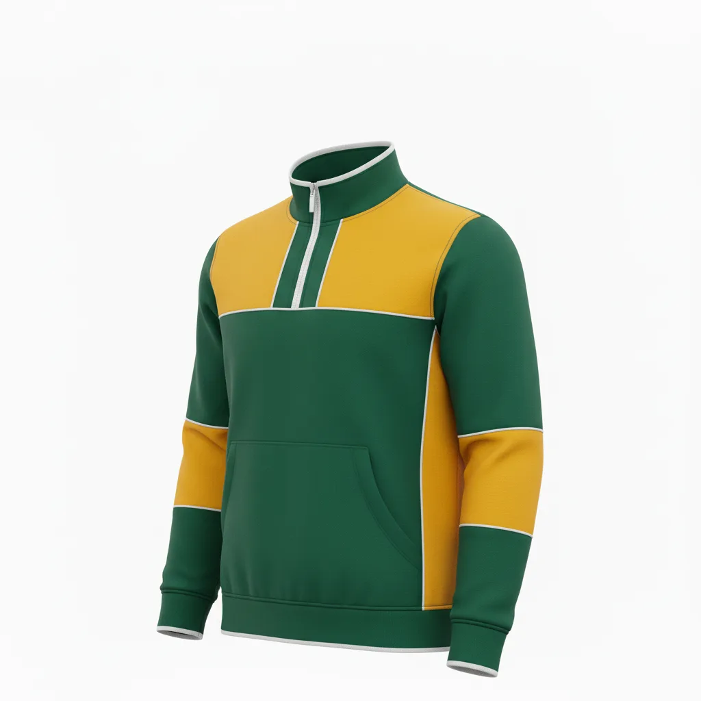 Front view of custom track quarter-zip pullover in 220 GSM performance poly with a stand collar and sublimated team colors from Empire Five Athletics