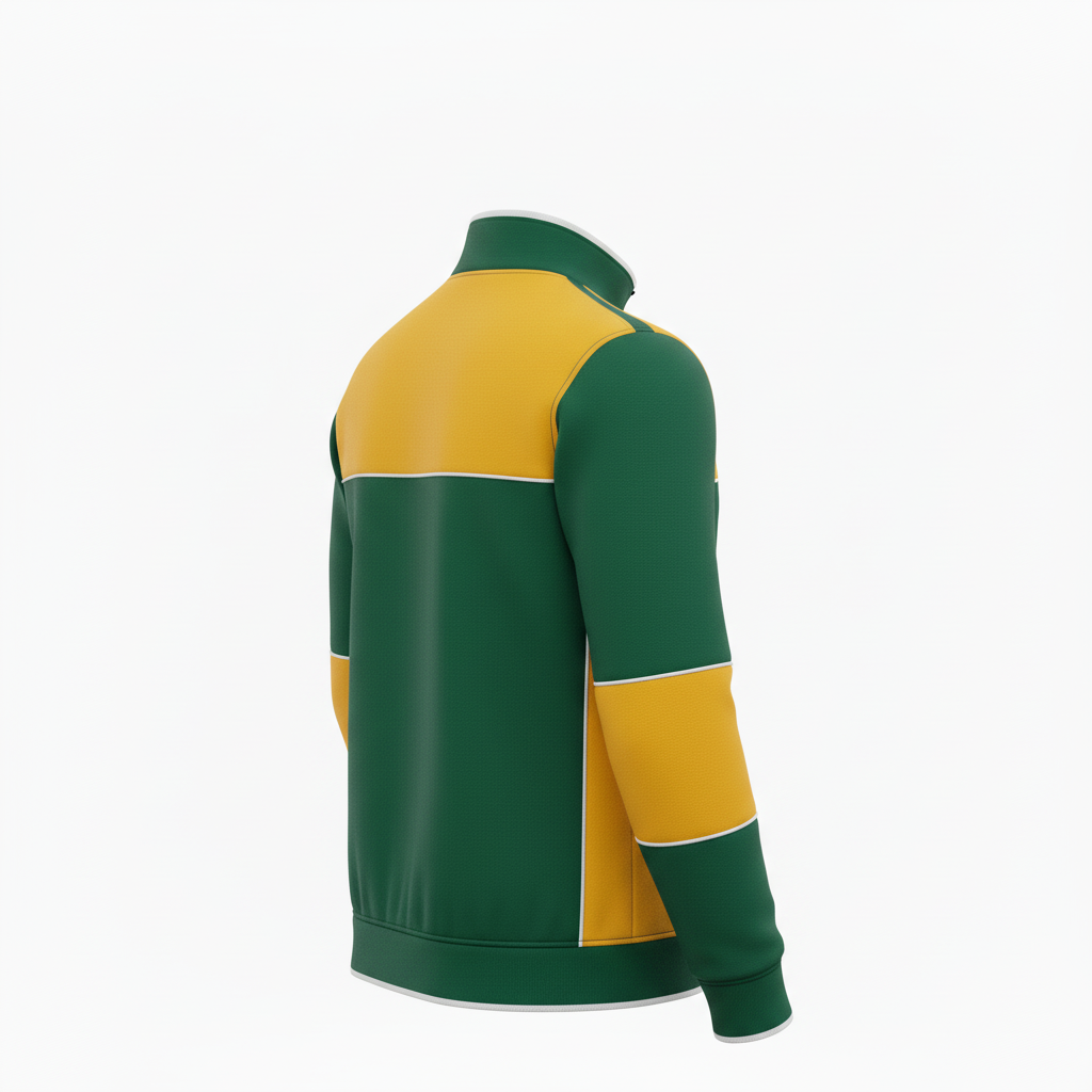Side view of custom track quarter-zip pullover showing the quarter zip