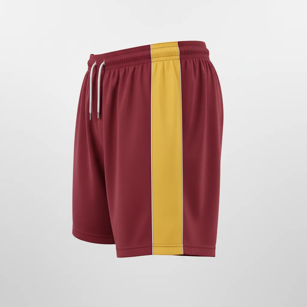 Front view of custom mens racing shorts in 110 GSM lightweight poly with a 5-inch inseam and sublimated team colors from Empire Five Athletics