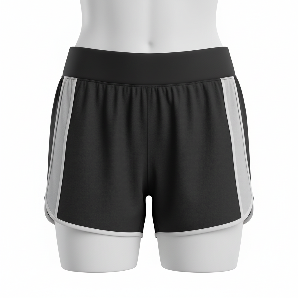 Front view of custom womens racing shorts in 110 GSM lightweight poly with a contoured cut and sublimated team colors from Empire Five Athletics